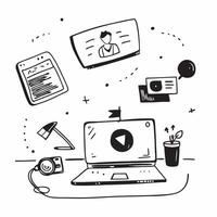 Laptop and tablet with holographic conferencing app and flexible workspace text concept as Camera movement Pan across the laptop and tablet screens with a holographic c pure Set 2 vector
