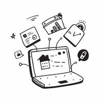 Laptop with Holographic Home Office Icon and Productivity Icon concept as A photo featuring a laptop with a glossy glowing holographic home office icon and productivity icon The o pure Set 21 vector