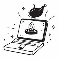 Laptop with holographic oil lamp and Dhanteras text isolated on white background concept as Camera movement Zoom into the laptop screen displaying a holographic oil lamp and Dhante pure vector