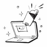 Laptop with Holographic Shopping Cart concept as Vertical shot of a laptop standing open on a white background with a glowing holographic shopping cart floating above the keyboard pure vector