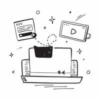 Laptop with holographic call and Virtual Meeting text with copy space concept as Camera movement Zoom into the laptop screen displaying a holographic call Scene Home o pure vector