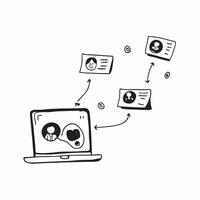 Laptop with holographic virtual meeting icons and copy space isolated on white balance concept as Camera movement Zoom into the laptop screen highlighting the glowing holographic i pure vector