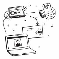 Laptop with holographic call and Virtual Meeting text with copy space concept as Camera movement Zoom into the laptop screen displaying a holographic call Scene Home o pure Set 2 vector