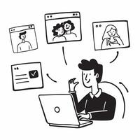 Manager candidly coordinating a remote team via conference concept as A candid shot of a manager coordinating a remote team via conference The camera captures the mana pure vector