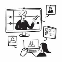 Manager conducting a virtual meeting in a glossy flexible workspace concept as Camera movement Pan across the manager screen during the virtual meeting Scene A professional and te pure Set 2 vector