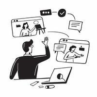 Marketing manager conducting a virtual meeting in a glossy flexible workspace concept as Camera movement Zoom into the screen showing marketing strategies and team collaboration S pure vector