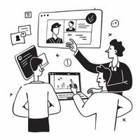 Marketing manager conducting a virtual meeting in a glossy flexible workspace concept as Camera movement Zoom into the screen showing marketing strategies and team collaboration S pure Set 2 vector
