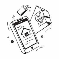 Mobile Phone with Holographic Home Office Icon and Connectivity Icon concept as A photo depicting a mobile phone with a glossy glowing holographic home office icon and connectivity pure Set 12 vector