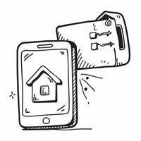 Mobile Phone with Holographic Home Office Icon and Connectivity Icon concept as A photo depicting a mobile phone with a glossy glowing holographic home office icon and connectivity pure vector