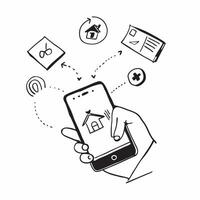 Mobile Phone with Holographic Home Office Icon and Connectivity Icon concept as A photo depicting a mobile phone with a glossy glowing holographic home office icon and connectivity pure Set 15 vector