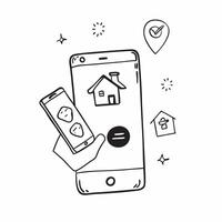 Mobile Phone with Holographic Home Office Icon and Connectivity Icon concept as A photo depicting a mobile phone with a glossy glowing holographic home office icon and connectivity pure Set 16 vector