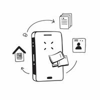 Mobile Phone with Holographic Home Office Icon and Connectivity Icon concept as A photo depicting a mobile phone with a glossy glowing holographic home office icon and connectivity pure Set 20 vector