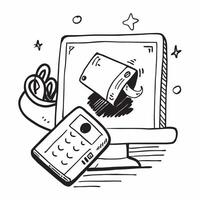 Mouse and notebook with Work Remotely text in a border frame with copy space concept as Camera movement Zoom into the mouse and notebook with text Scene Clean and minimalistic lay pure Set 2 vector