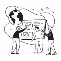 People with Earth and Climate Change Analysis concept as A group of people analyzing climate change data with an earth model set against a fantastical background offering ample spa pure vector