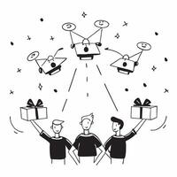 People with Enchanted Delivery Drones and Smiling Faces concept as A group of people using enchanted delivery drones with smiling faces set against a whimsical background offering pure vector