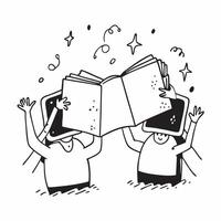 People with Enchanted Notebooks and Beaming Faces concept as A group of people using enchanted notebooks with beaming faces set against a fantastical background offering ample spac pure vector