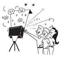 People with Enchanted Projectors and Beaming Faces concept as A group of people using enchanted projectors with beaming faces set against a dreamy background offering ample space f pure Set 3 vector