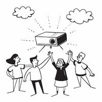 People with Enchanted Projectors and Beaming Faces concept as A group of people using enchanted projectors with beaming faces set against a dreamy background offering ample space f pure vector