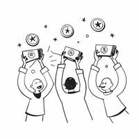 People with Enchanted Review Badges and Beaming Faces concept as A group of people holding enchanted review badges with beaming faces set against a dreamy background offering ample pure vector