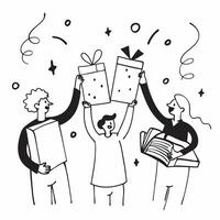 People with Enchanted Welcome Kits and Smiling Faces concept as A group of people holding enchanted welcome kits with smiling faces set against a whimsical background offering ampl pure Set 3 vector