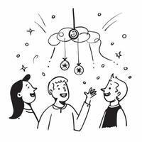 People with Enchanted Wind Chimes and Smiling Faces concept as A group of people listening to enchanted wind chimes with smiling faces set against a whimsical background offering a pure vector