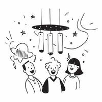 People with Enchanted Wind Chimes and Smiling Faces concept as A group of people listening to enchanted wind chimes with smiling faces set against a whimsical background offering a pure Set 3 vector