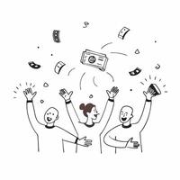 People with Floating Banknotes and Radiant Faces concept as A group of people with floating banknotes and radiant faces set against an ethereal background offering ample space for pure vector