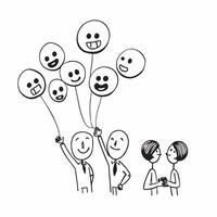 People with Floating Balloons and Smiling Faces concept as A group of people holding floating balloons with smiling faces set against a whimsical background offering ample space fo pure vector