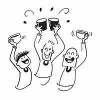People with Floating Coffee Cups and Joyful Expressions concept as A group of people holding floating coffee cups with joyful expressions set against a fantastical background offer pure Set 4 vector