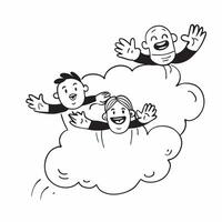 People with Floating Clouds and Joyful Faces concept as A group of people enjoying floating clouds with joyful faces set against a dreamy background offering ample space for text o pure vector