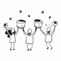 People with Floating Coffee Cups and Joyful Expressions concept as A group of people holding floating coffee cups with joyful expressions set against a fantastical background offer pure Set 5 vector