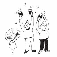 People with Floating Coffee Cups and Joyful Expressions concept as A group of people holding floating coffee cups with joyful expressions set against a fantastical background offer pure vector
