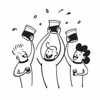 People with Floating Coffee Cups and Joyful Expressions concept as A group of people holding floating coffee cups with joyful expressions set against a fantastical background offer pure Set 6 vector