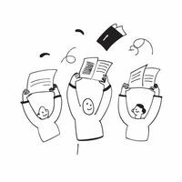 People with Floating Documents and Happy Expressions concept as A group of people holding floating documents with happy expressions set against a whimsical background offering ampl pure Set 2 vector