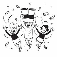 People with Floating Coffee Cups and Joyful Expressions concept as A group of people holding floating coffee cups with joyful expressions set against a fantastical background offer pure Set 3 vector