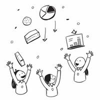 People with Floating Distribution Charts and Joyful Faces concept as A group of people using floating distribution charts with joyful faces set against a dreamy background offering pure vector