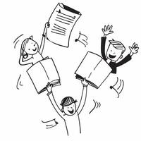 People with Floating Documents and Happy Expressions concept as A group of people holding floating documents with happy expressions set against a whimsical background offering ampl pure Set 3 vector