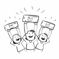 People with Floating Employment Badges and Joyful Faces concept as A group of people holding floating employment badges with joyful faces set against a dreamy background offering a pure Set 3 vector