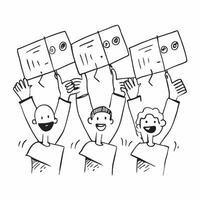 People with Floating Employment Badges and Joyful Faces concept as A group of people holding floating employment badges with joyful faces set against a dreamy background offering a pure vector