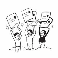 People with Floating Feedback Forms and Joyful Faces concept as A group of people holding floating feedback forms with joyful faces set against a whimsical background offering ampl pure vector