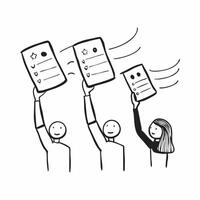 People with Floating Feedback Forms and Joyful Faces concept as A group of people holding floating feedback forms with joyful faces set against a whimsical background offering ampl pure Set 2 vector