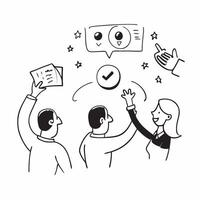 People with Floating Feedback Tools and Joyful Faces concept as A group of people using floating feedback tools with joyful faces set against a whimsical background offering ample pure vector