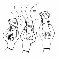 People with Floating Interview Schedules and Joyful Faces concept as A group of people holding floating interview schedules with joyful faces set against a dreamy background offeri pure Set 3 vector