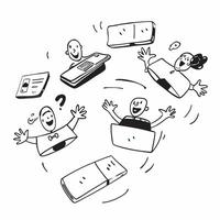 People with Floating Meeting Devices and Happy Expressions concept as A group of people using floating meeting devices with happy expressions set against a fantastical background o pure Set 3 vector