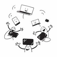People with Floating Meeting Devices and Happy Expressions concept as A group of people using floating meeting devices with happy expressions set against a fantastical background o pure Set 2 vector