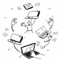 People with Floating Meeting Devices and Happy Expressions concept as A group of people using floating meeting devices with happy expressions set against a fantastical background o pure vector