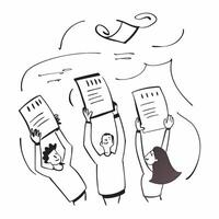 People with Floating Meeting Notes and Smiling Faces concept as A group of people holding floating meeting notes with smiling faces set against a whimsical background offering ampl pure Set 3 vector