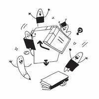 People with Floating Office Tools and Smiling Faces concept as A group of people using floating office tools with smiling faces set against a whimsical background offering ample sp pure Set 2 vector