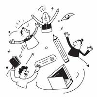 People with Floating Office Tools and Smiling Faces concept as A group of people using floating office tools with smiling faces set against a whimsical background offering ample sp pure Set 3 vector