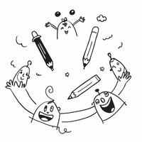 People with Floating Pens and Cheerful Faces concept as A group of people using floating pens with cheerful faces set against a whimsical background offering ample space for text o pure Set 3 vector